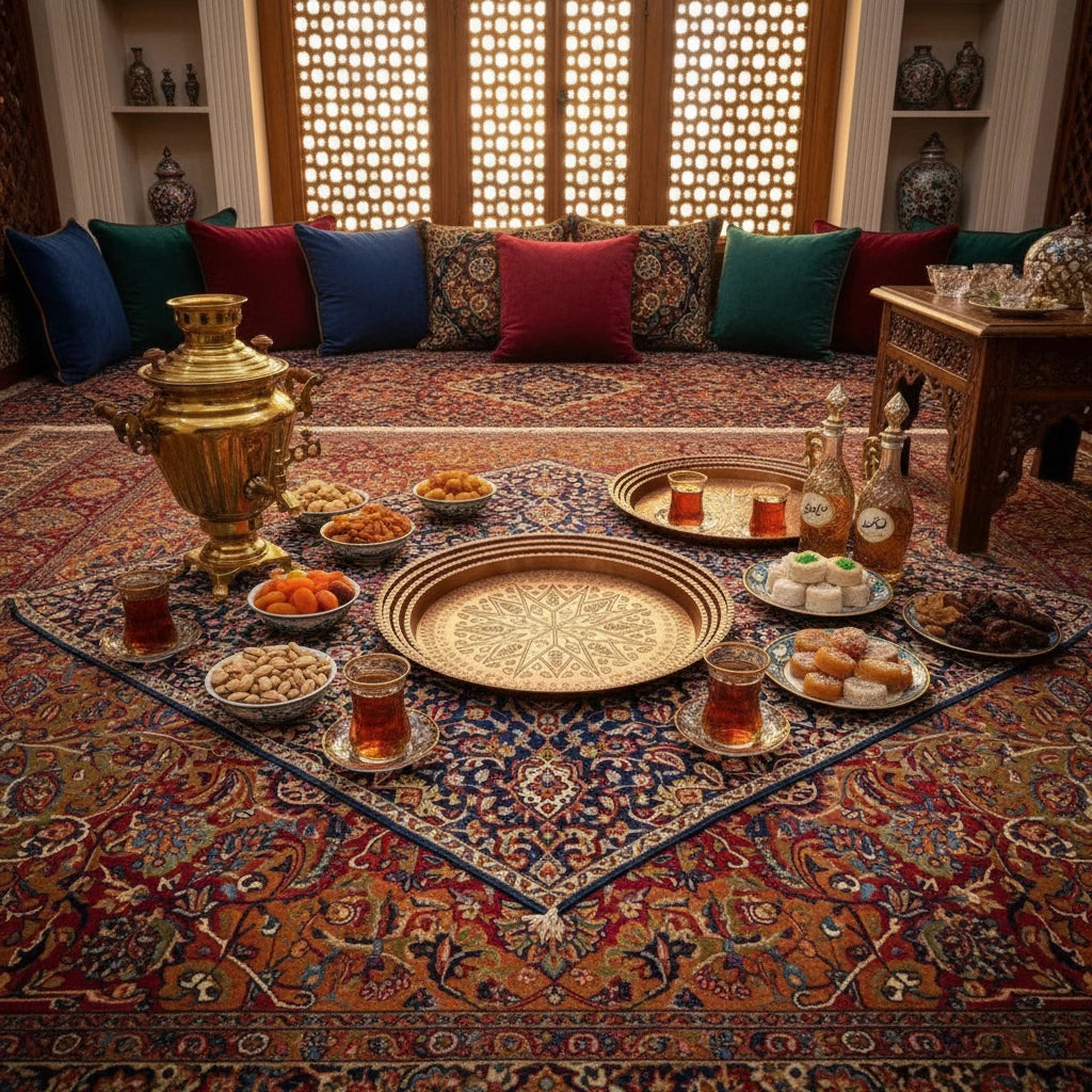 Decorative table setting with teapots, glasses, and snacks on a patterned rug in a room with colorful cushions.