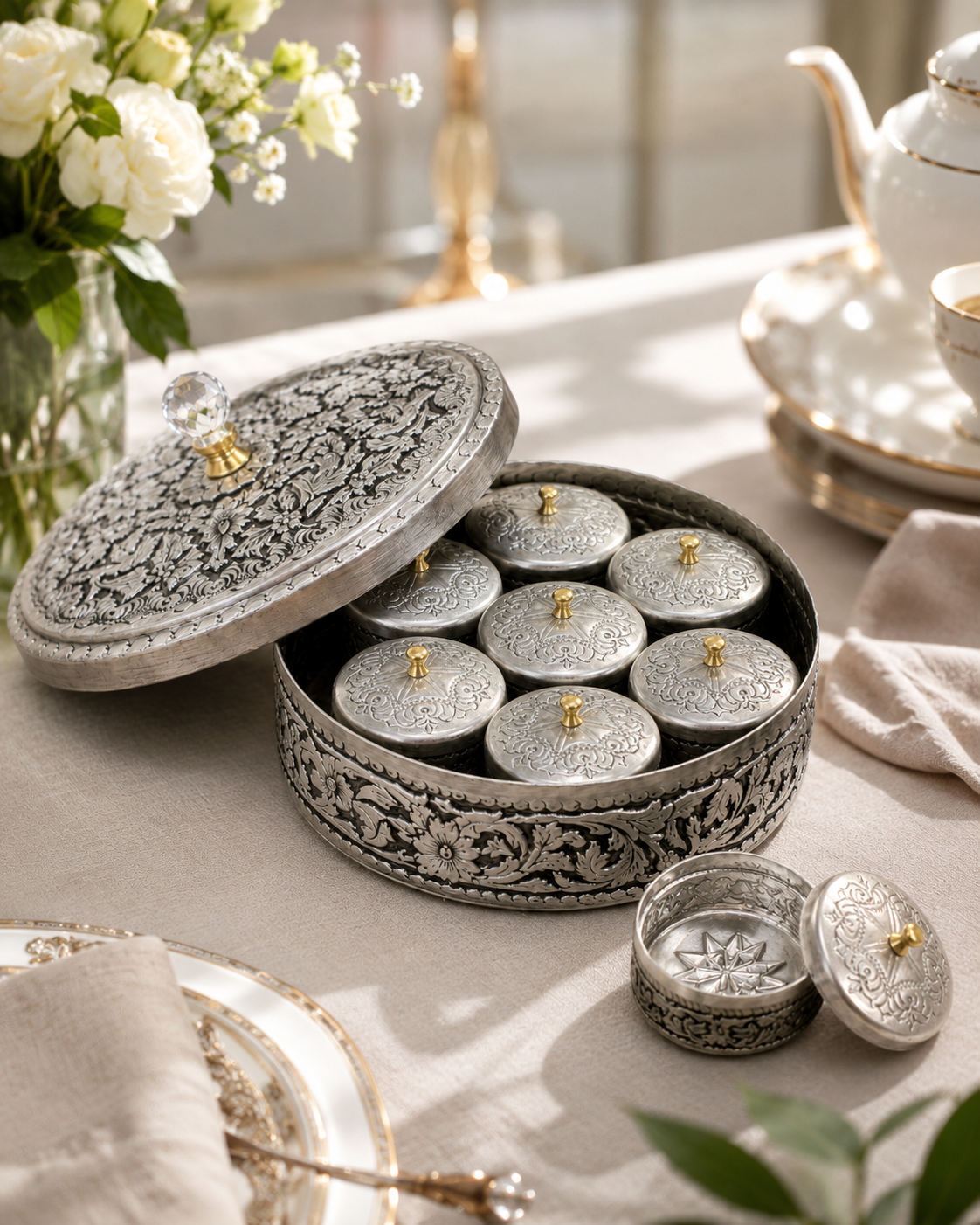Hand-Engraved Copper Spice Box with 7 Lidded Containers – Tin-Coated Storage Set