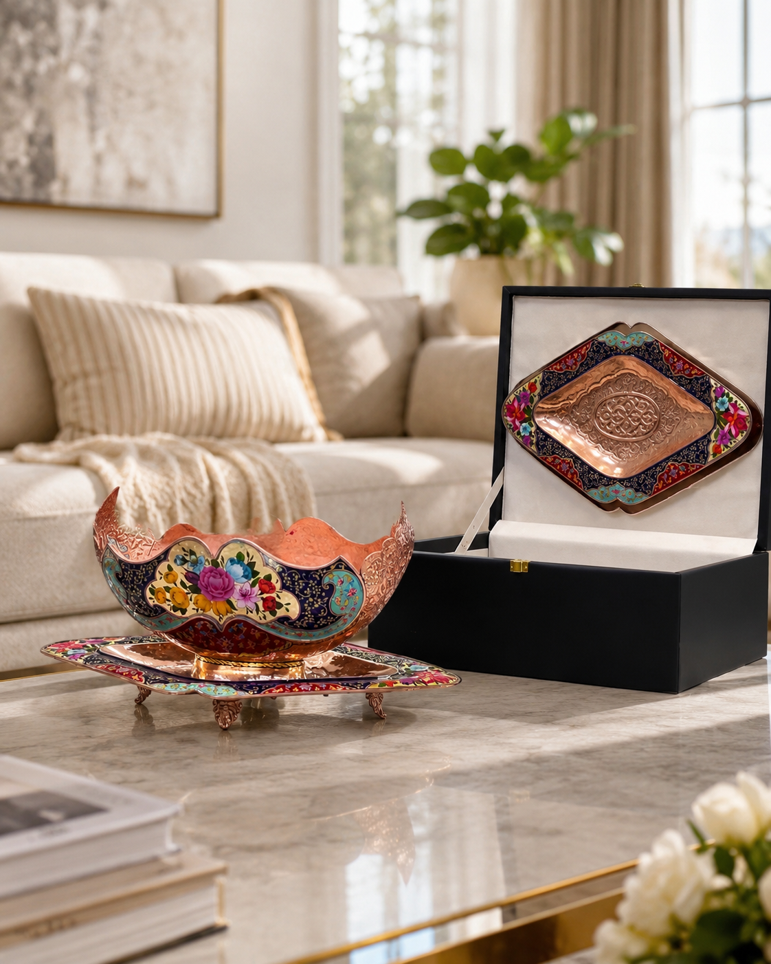 Decorative Copper Bowl and Footed Tray Set