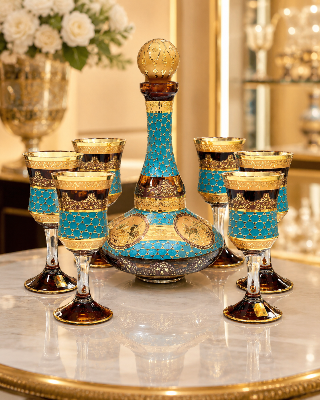 Amber Crystal Decanter & 6 Goblet Set with Gold-Tone Design