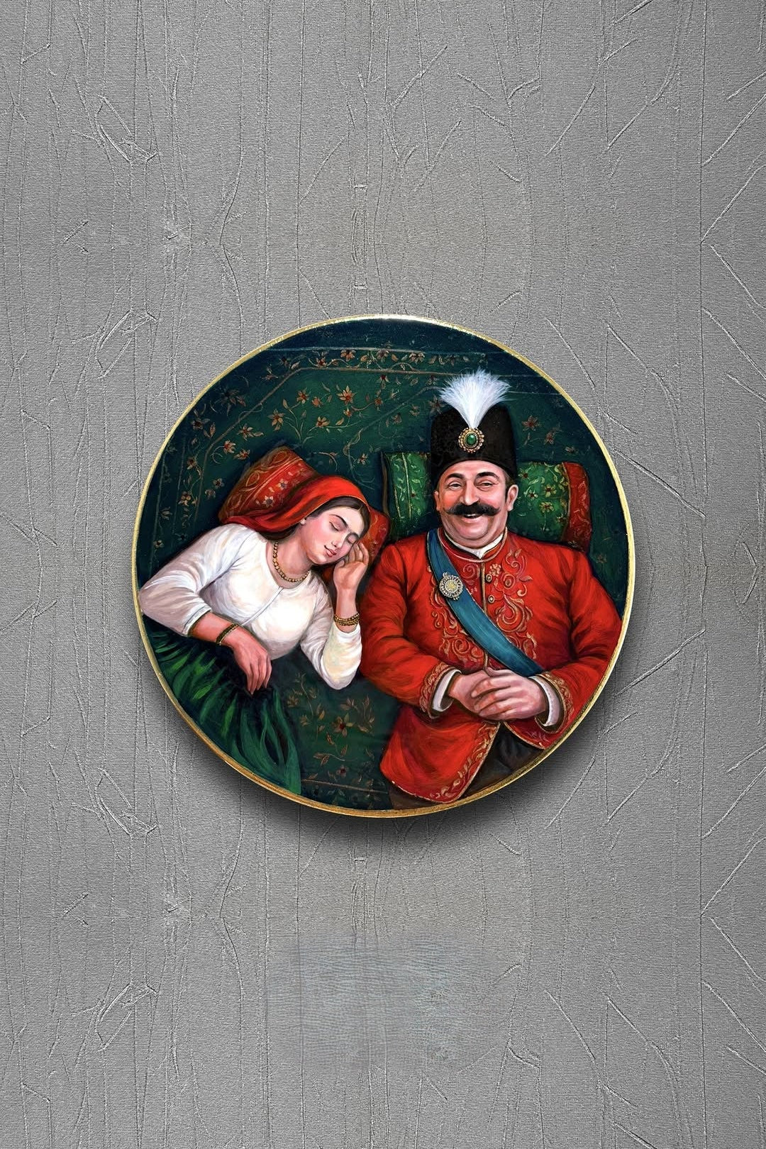 Decorative plate with a painting of a man and woman on a gray textured background