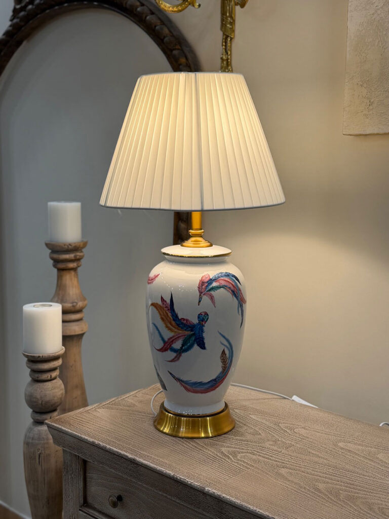 Blue Floral Porcelain Table Lamp with Satin Shade