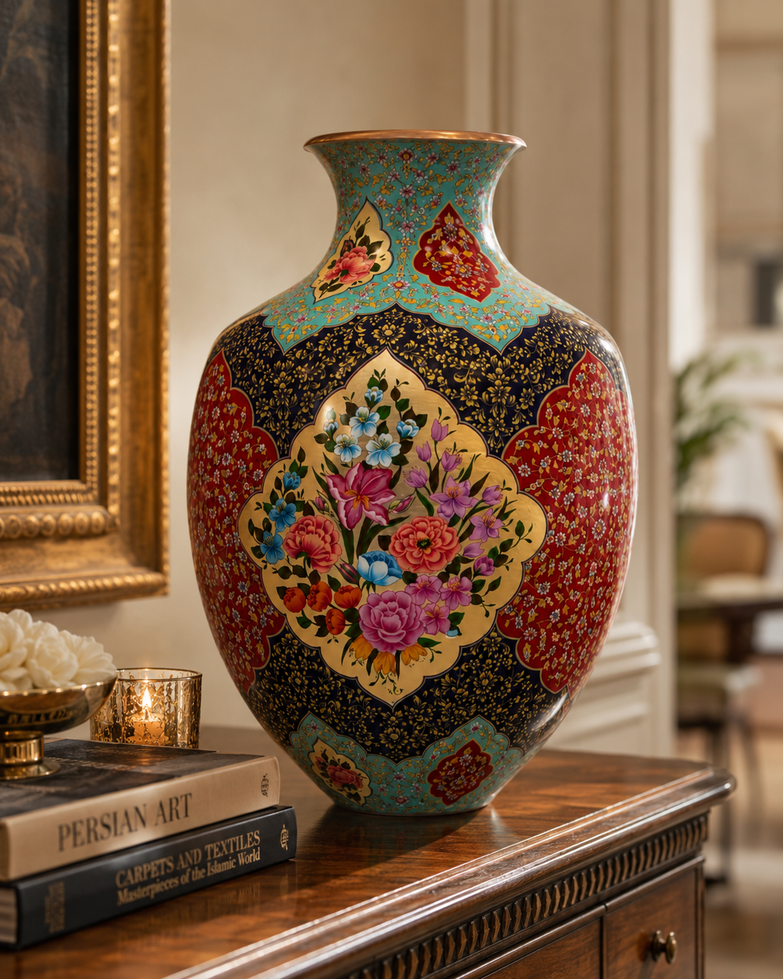 Large Hand-Painted Copper Decorative Vase with Gold-Tone Leaf Artwork