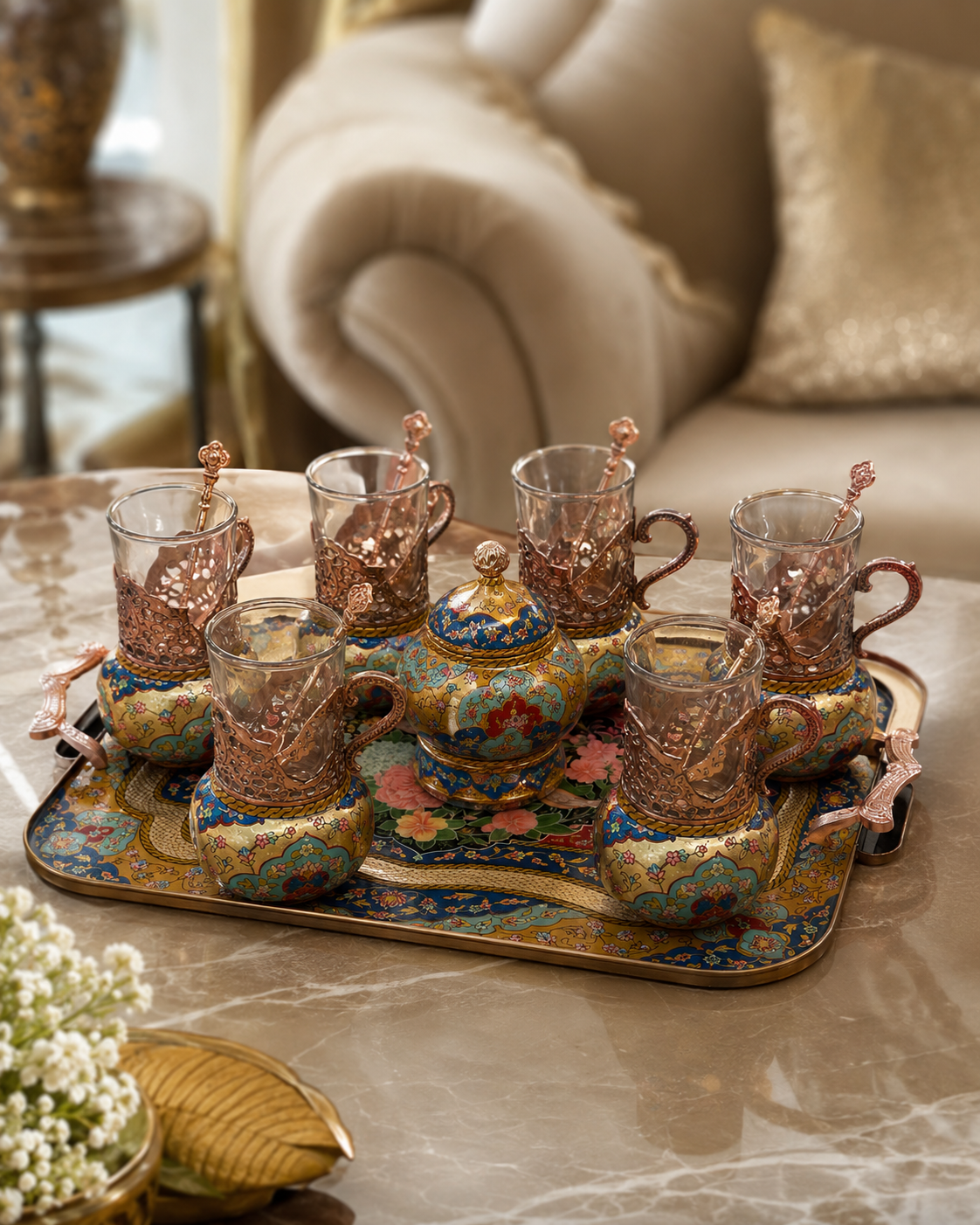 Luxury Copper Tea Serving Set with Gold-Leaf Style Painted Details, 6 Glass Cups, Serving Tray, and Sugar Bowl