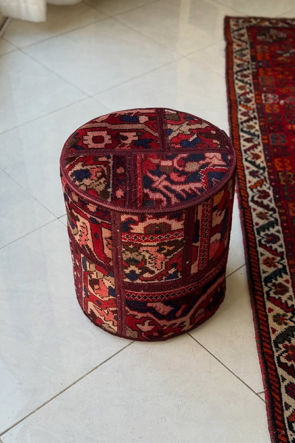 Crimson Weave Collection: Hand-Stitched Textile Poufs (Set of 3)