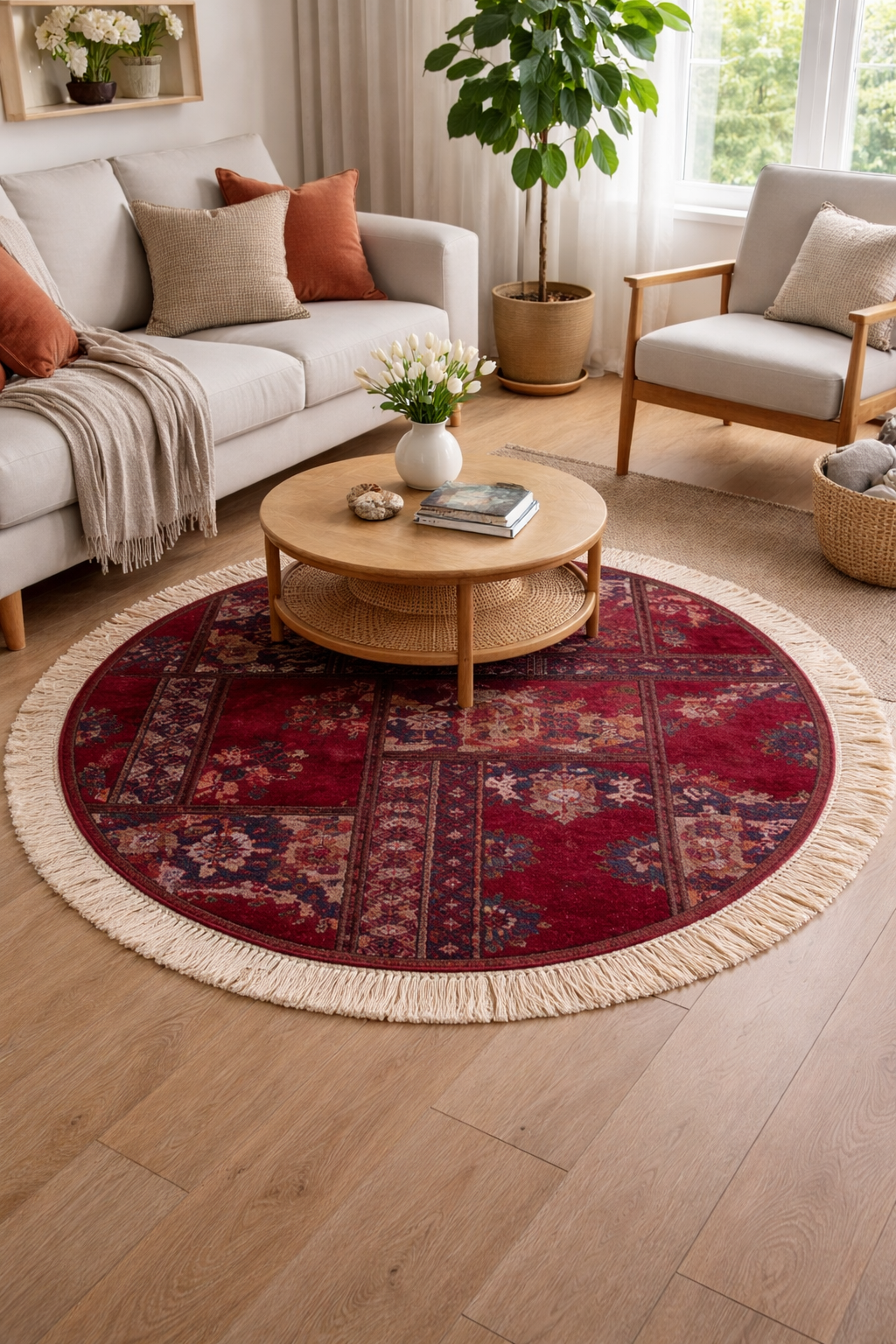 Living room with a round red and beige patterned rug, sofa, and coffee table.