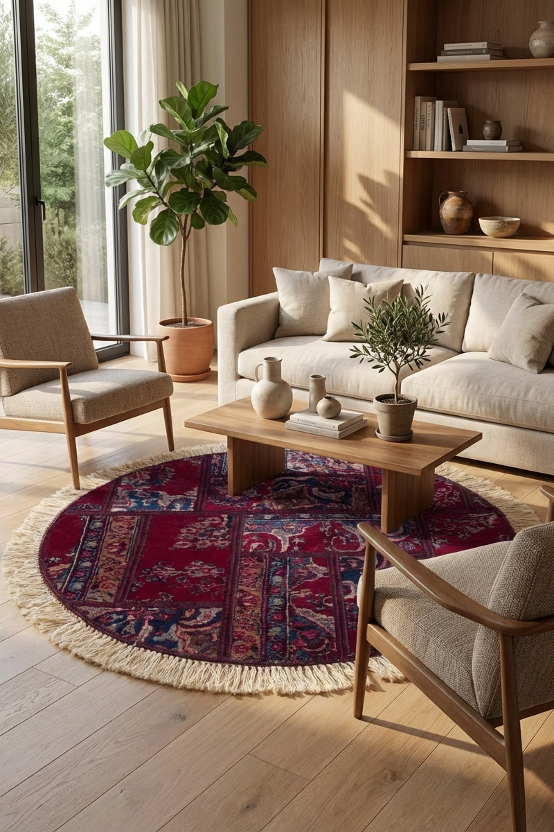 Living room with a round red and blue patterned rug, beige sofa, wooden coffee table, and chairs.