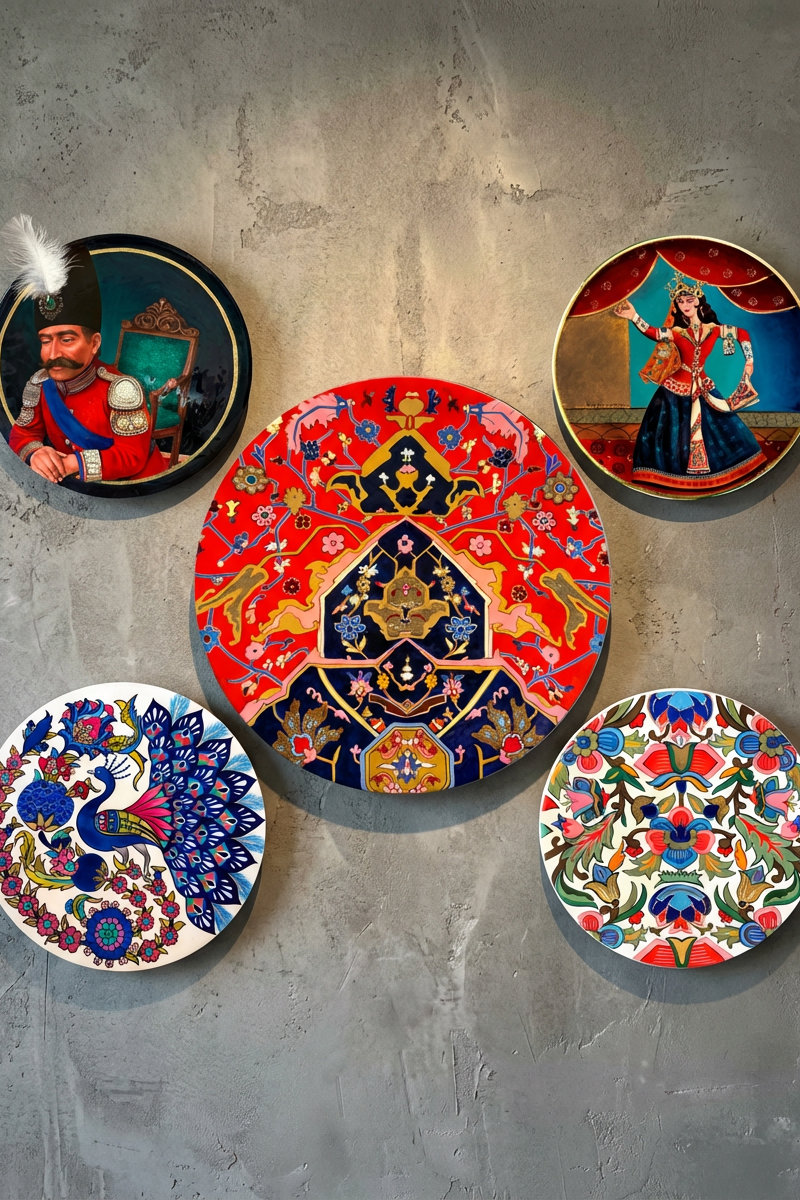 Set of decorative plates with artistic designs on a gray wall.