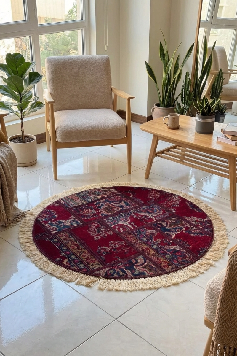 Round patterned rug with tassels in a living room setting with furniture and plants.