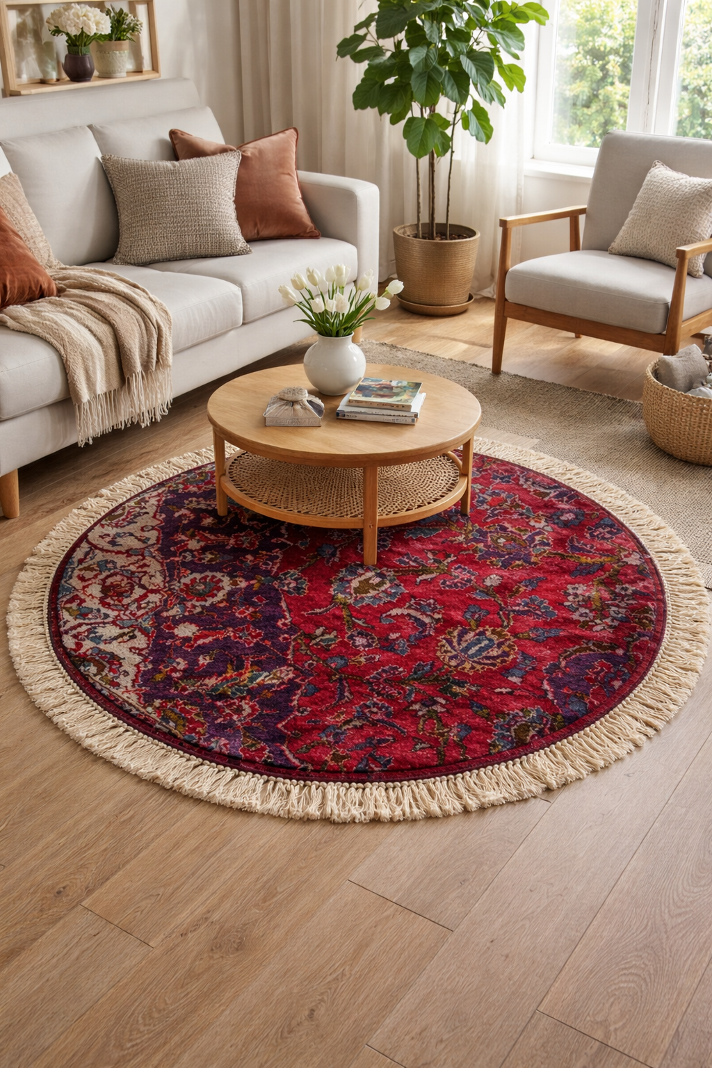 Living room with a round red and purple patterned rug, wooden coffee table, and comfortable seating.