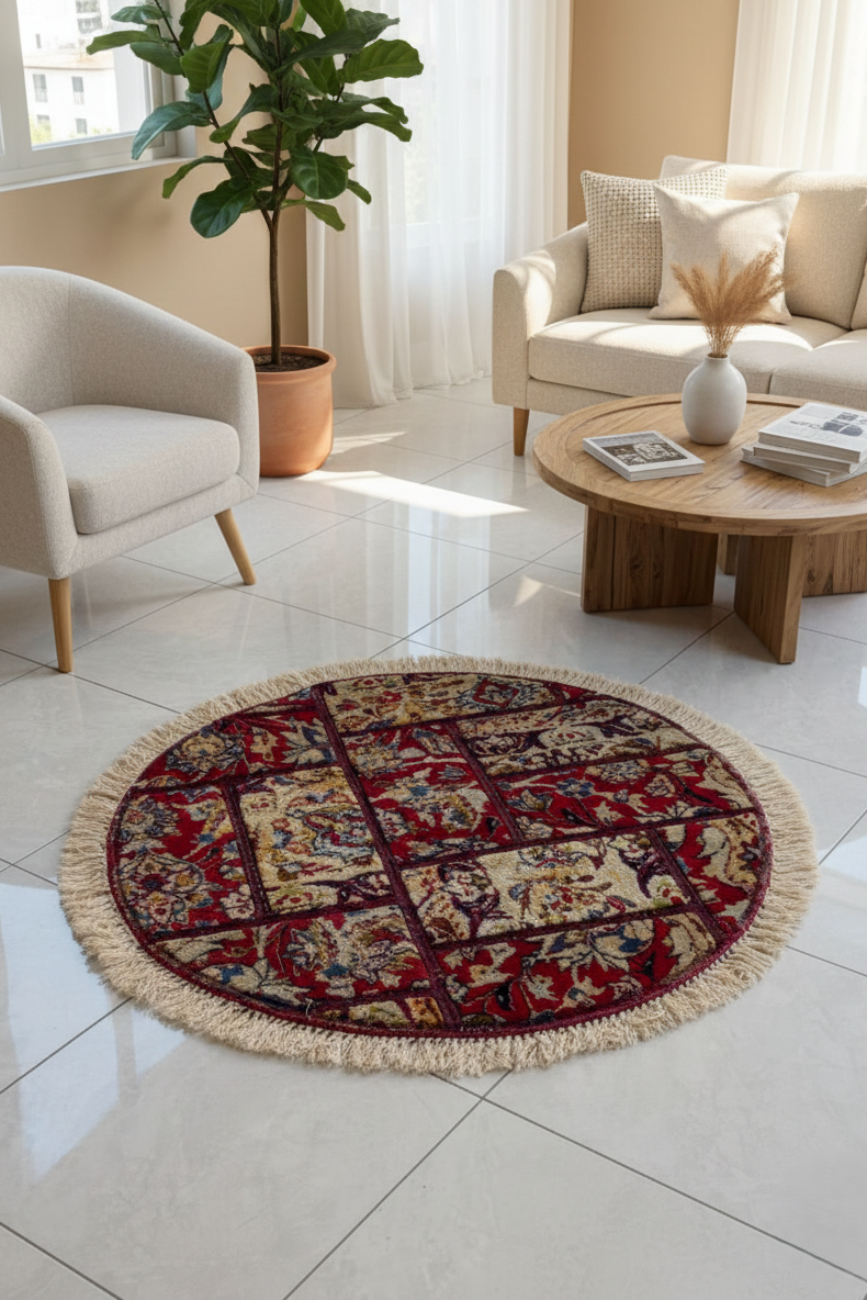 Round patterned rug on a tiled floor with a living room in the background