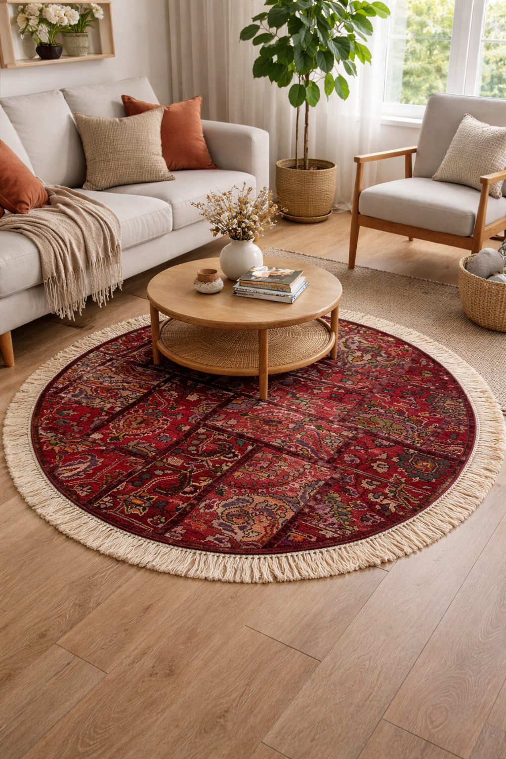 Round red patterned rug in a living room with a coffee table and seating area.