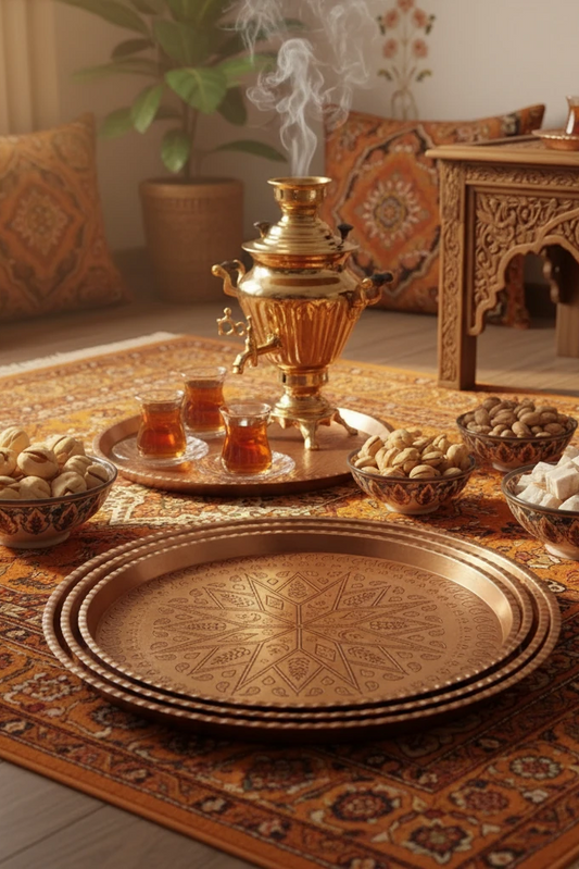 Decorative tea set with teapot, cups, and snacks on a patterned rug.