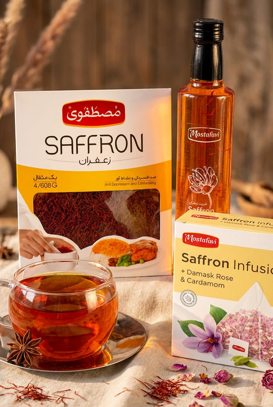 Saffron products including saffron, a bottle of saffron oil, and saffron-infused tea on a textured surface.