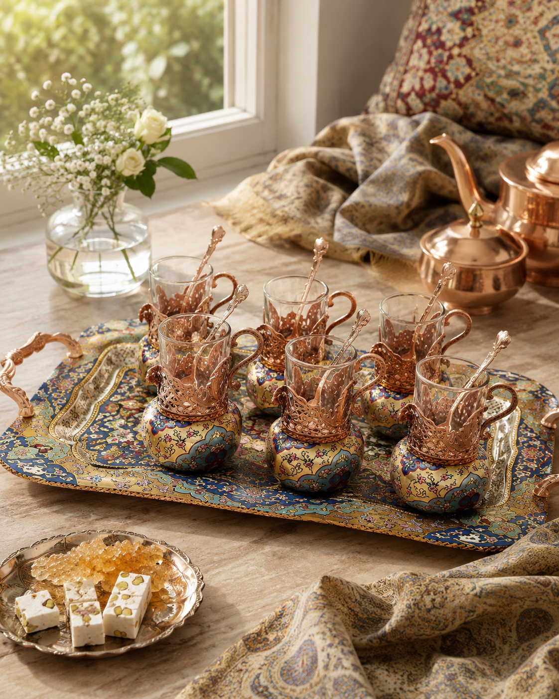 Luxury Copper Tea Serving Set with Gold-Leaf Style Painted Details, 6 Glass Cups, Serving Tray, and Sugar Bowl