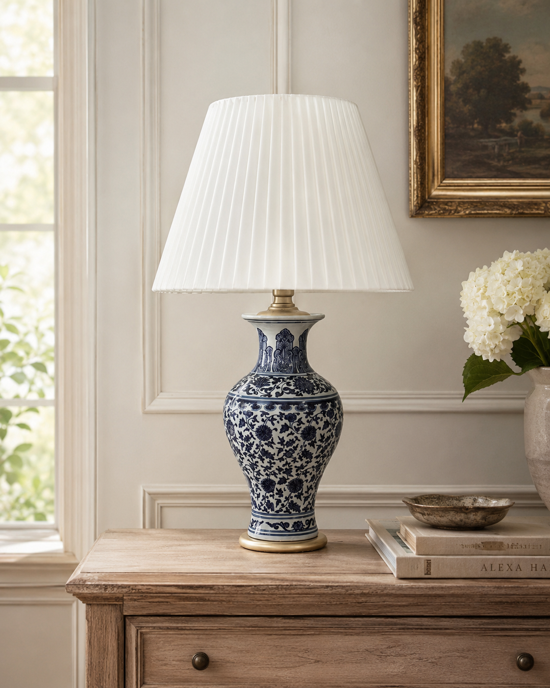 Blue Floral Porcelain Table Lamp with Satin Shade