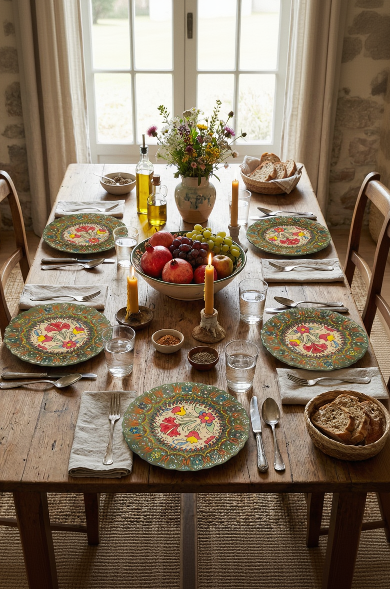 Dining table set with floral plates, fruit, bread, and candles in a rustic setting.