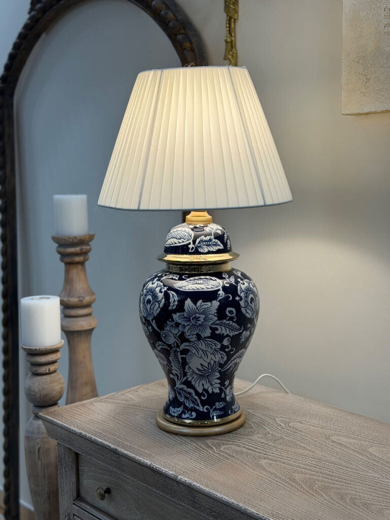 Blue Floral Porcelain Table Lamp with Satin Shade
