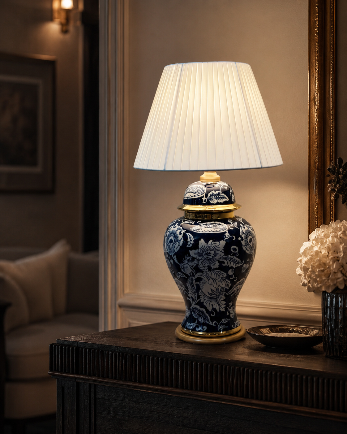 Blue Floral Porcelain Table Lamp with Satin Shade