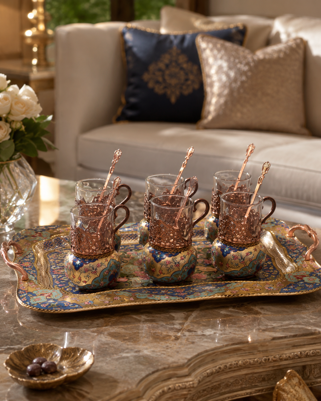 Luxury Copper Tea Serving Set with Gold-Leaf Style Painted Details, 6 Glass Cups, Serving Tray, and Sugar Bowl