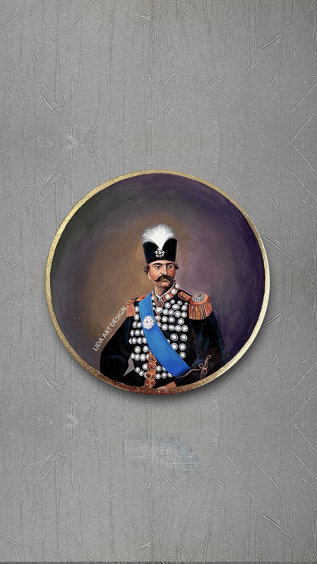 Portrait of a man in formal attire with a decorative hat on a textured gray background
