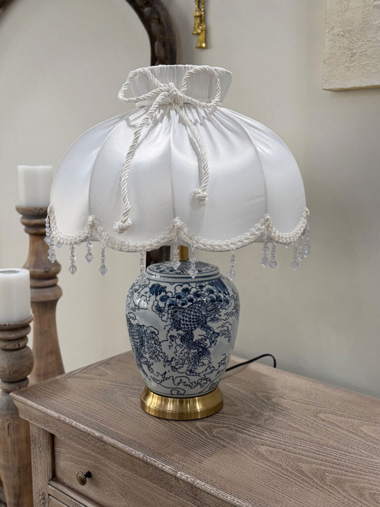 Blue Floral Porcelain Table Lamp with Satin Shade