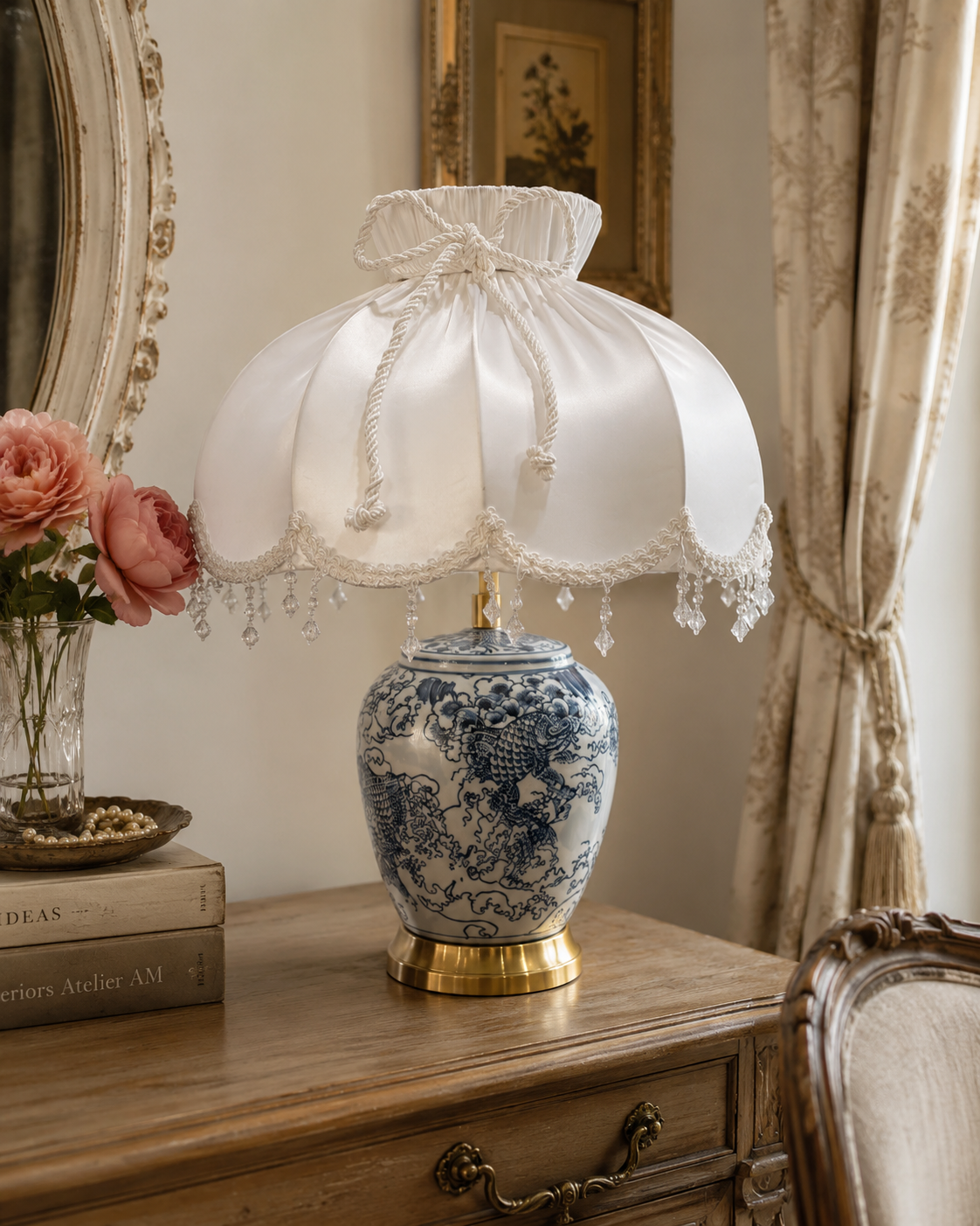 Blue Floral Porcelain Table Lamp with Satin Shade