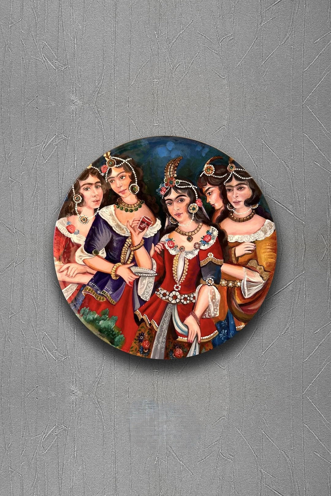 Circular artwork of four women in regal attire on a textured gray background