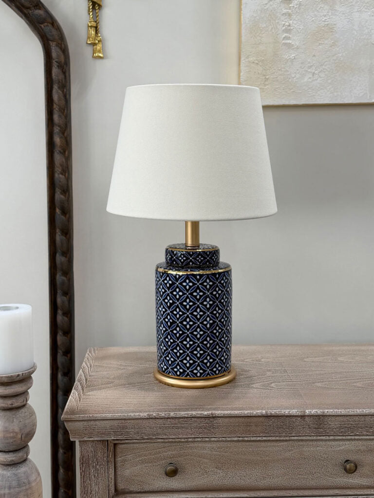 Blue Floral Porcelain Table Lamp with Satin Shade