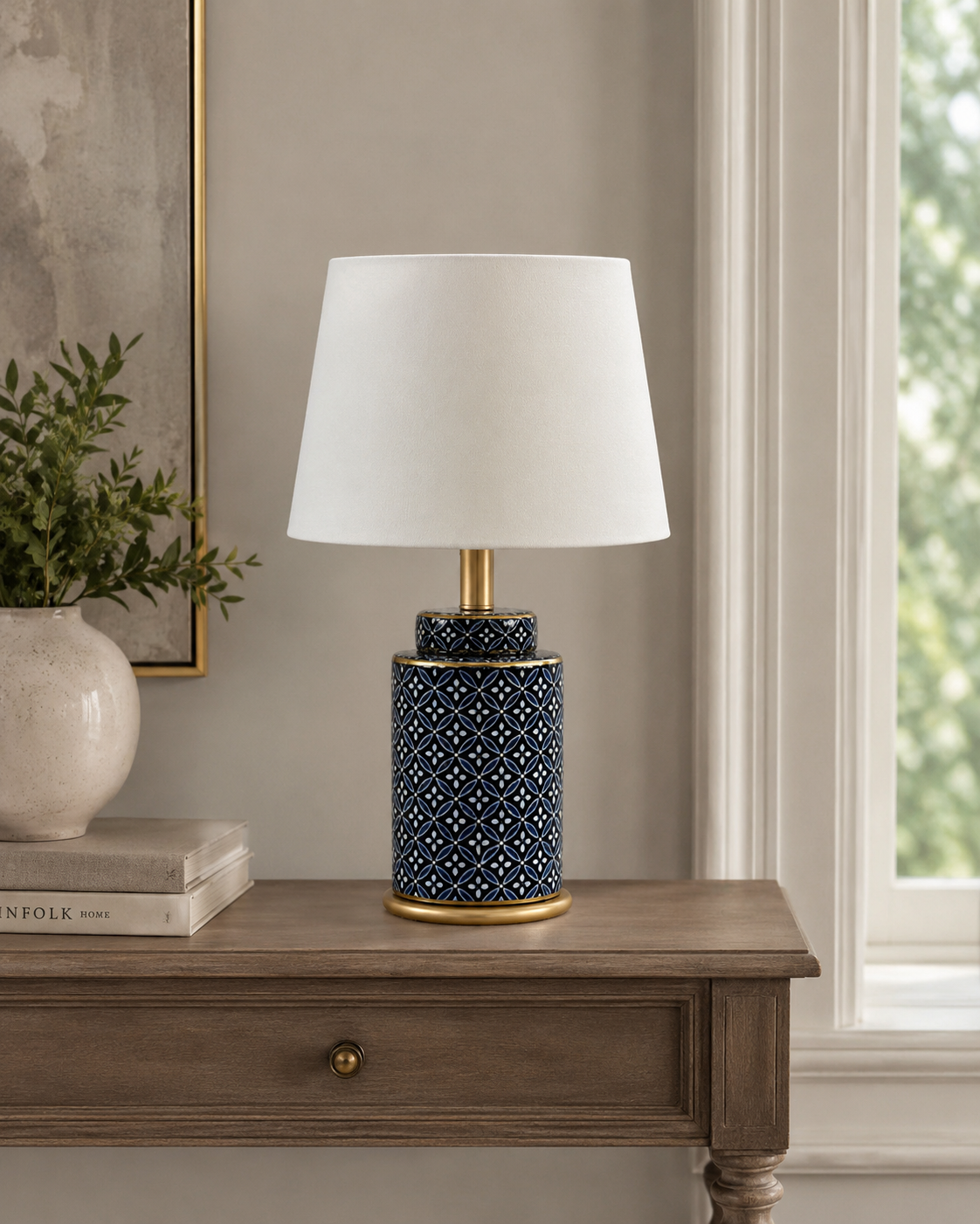 Blue Floral Porcelain Table Lamp with Satin Shade