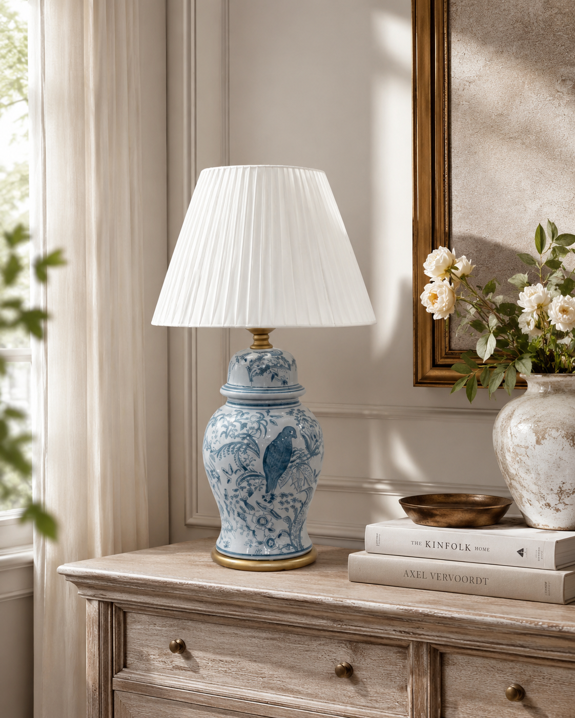 Blue Floral Porcelain Table Lamp with Satin Shade