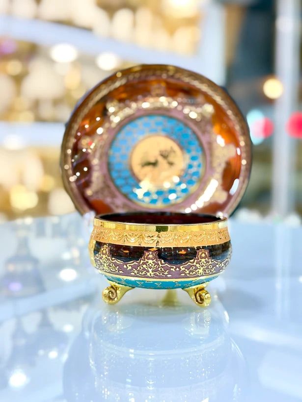 Amber Crystal-Style Bowl & Dessert Plate Set with Gold-Tone Jupiter Pattern
