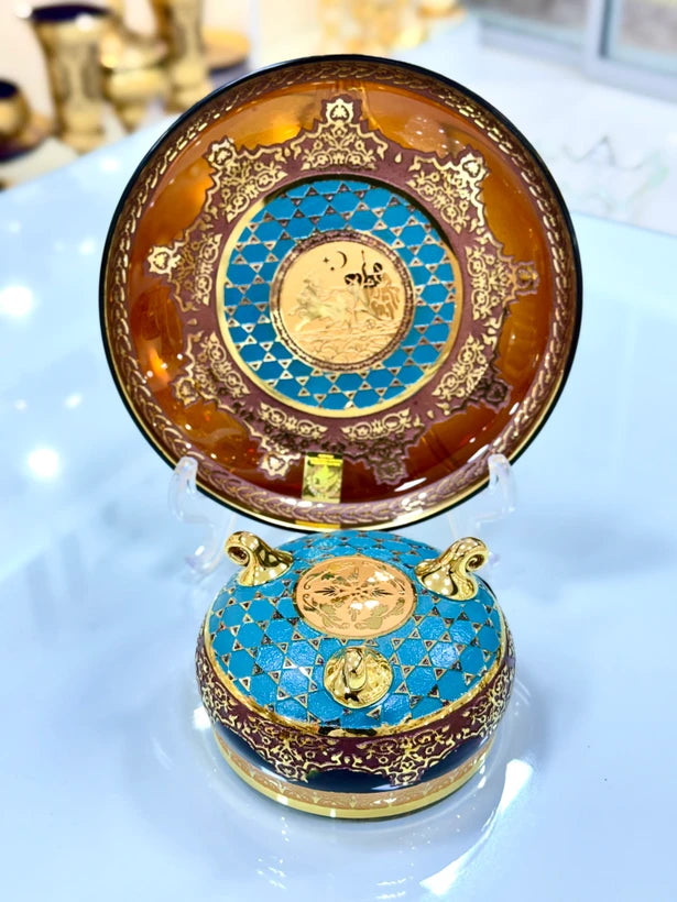 Amber Crystal-Style Bowl & Dessert Plate Set with Gold-Tone Jupiter Pattern