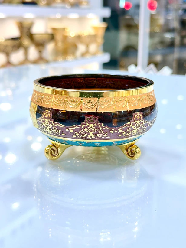 Amber Crystal-Style Bowl & Dessert Plate Set with Gold-Tone Jupiter Pattern