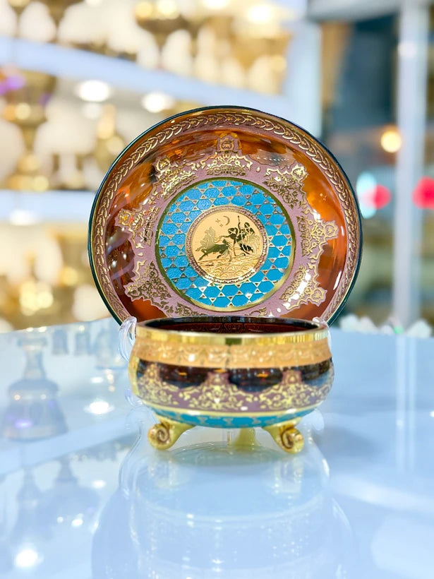 Amber Crystal-Style Bowl & Dessert Plate Set with Gold-Tone Jupiter Pattern