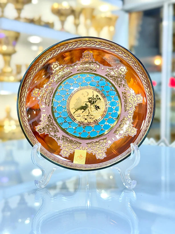 Amber Crystal-Style Bowl & Dessert Plate Set with Gold-Tone Jupiter Pattern