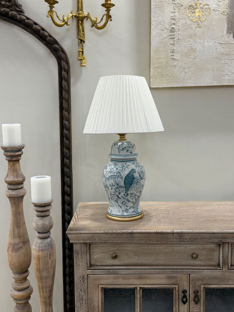 Blue Floral Porcelain Table Lamp with Satin Shade