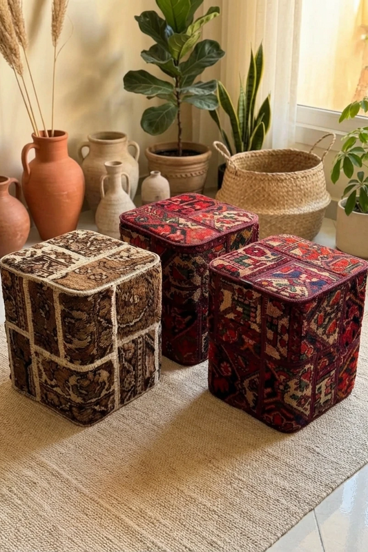 Decorative ottomans with patchwork designs in a home setting with plants and vases.