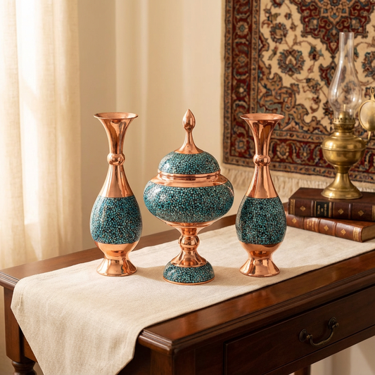 Set of three decorative vases with copper accents on a wooden table.