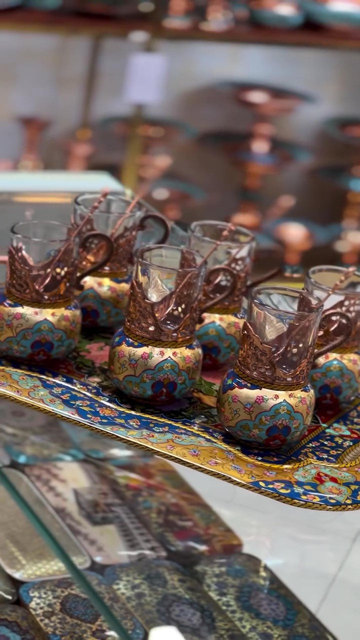 Luxury Copper Tea Serving Set with Gold-Leaf Style Painted Details, 6 Glass Cups, Serving Tray, and Sugar Bowl