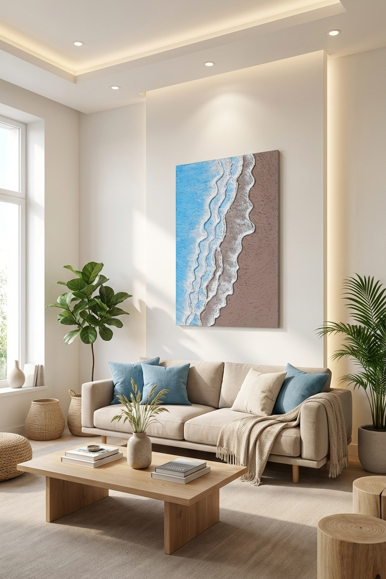 Modern living room with a beige sofa, wooden coffee table, and abstract wall art.
