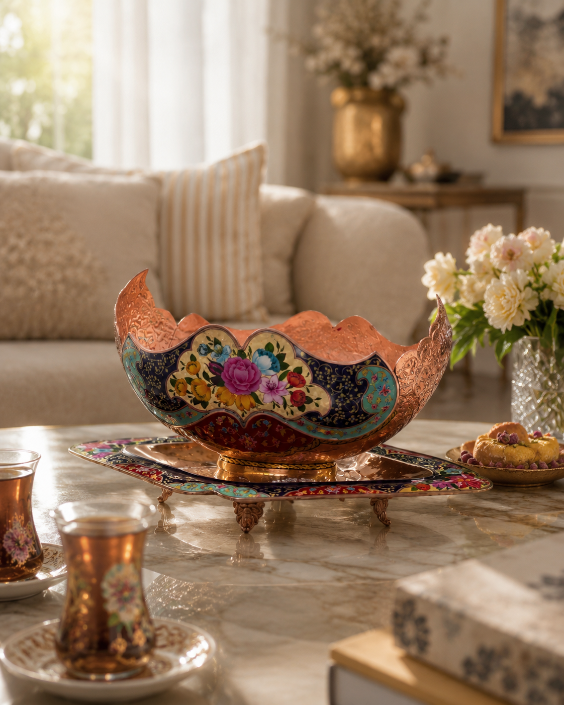 Decorative Copper Bowl and Footed Tray Set