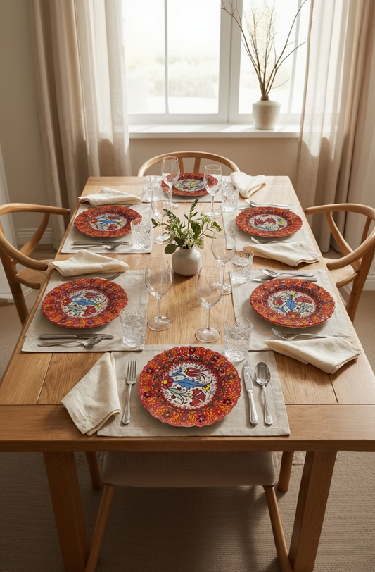 Dining table set with decorative plates, glasses, and cutlery in a home setting.