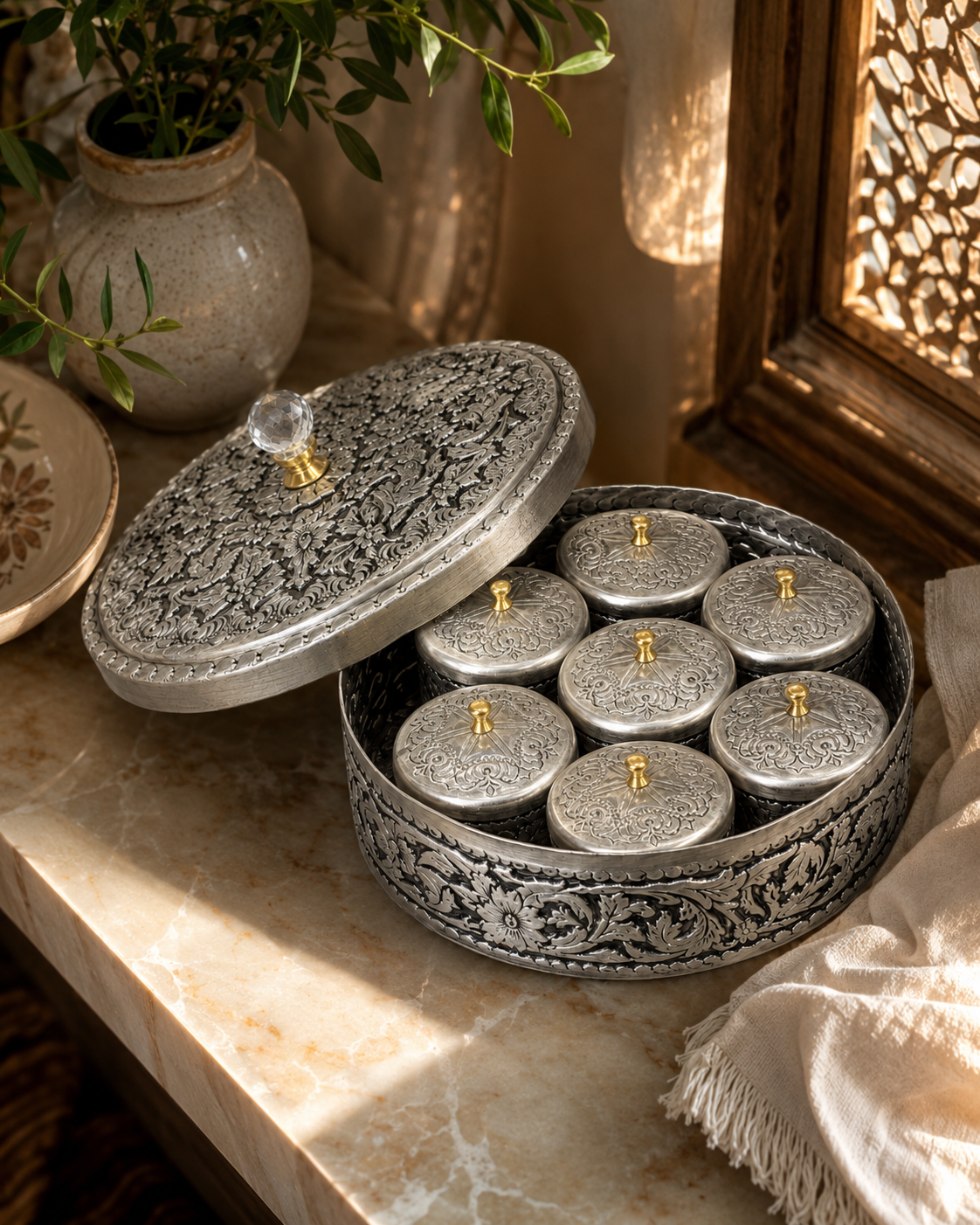 Hand-Engraved Copper Spice Box with 7 Lidded Containers – Tin-Coated Storage Set