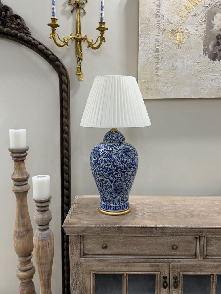 Blue Floral Porcelain Table Lamp with Satin Shade