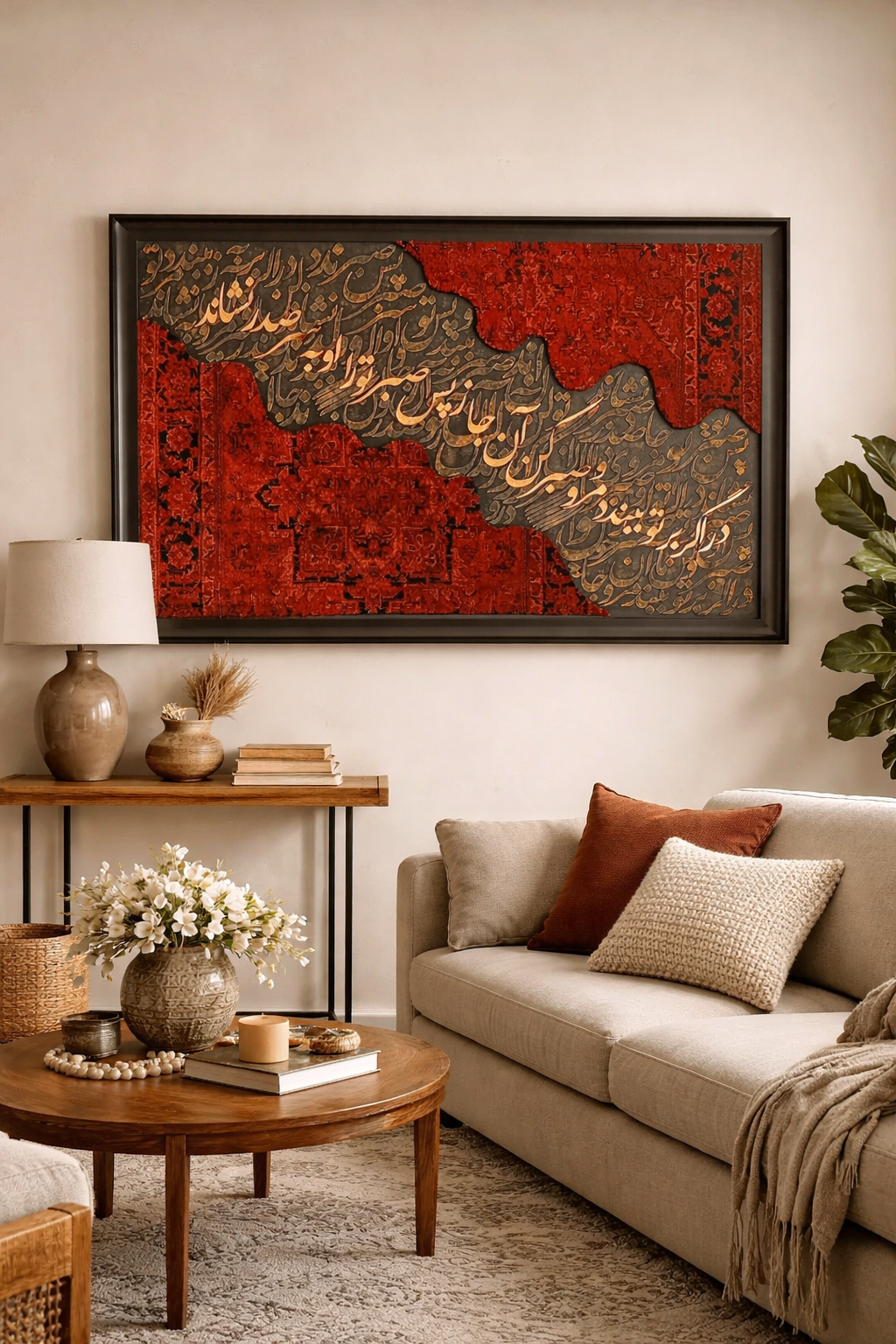 Living room with a beige sofa, wooden coffee table, and decorative wall art.