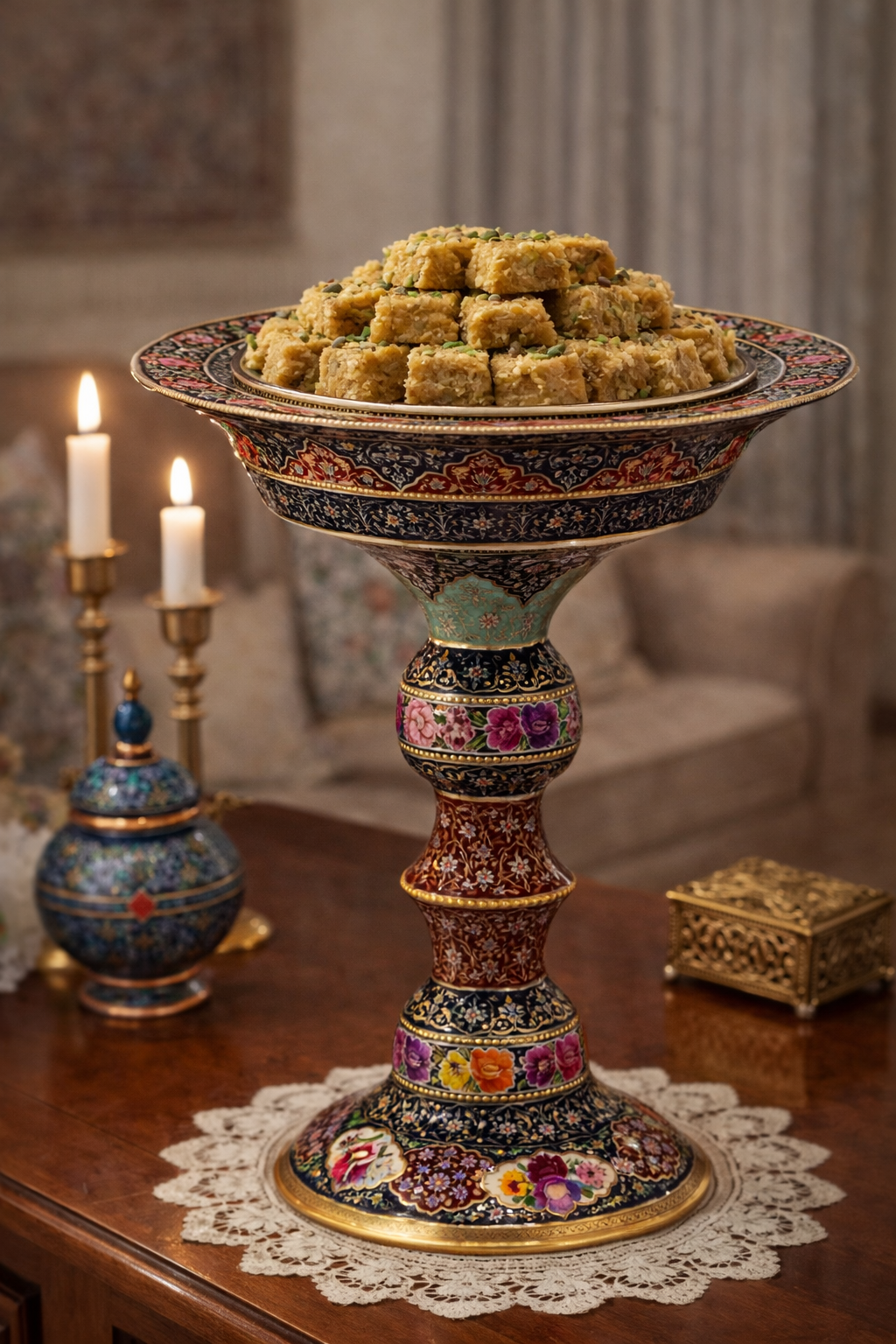 Decorative stand with a plate of pastries on a table with candles and decorative items.