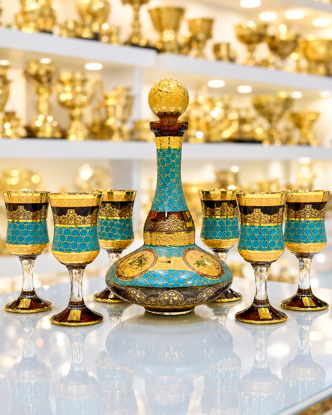 Amber Crystal Decanter & 6 Goblet Set with Gold-Tone Design