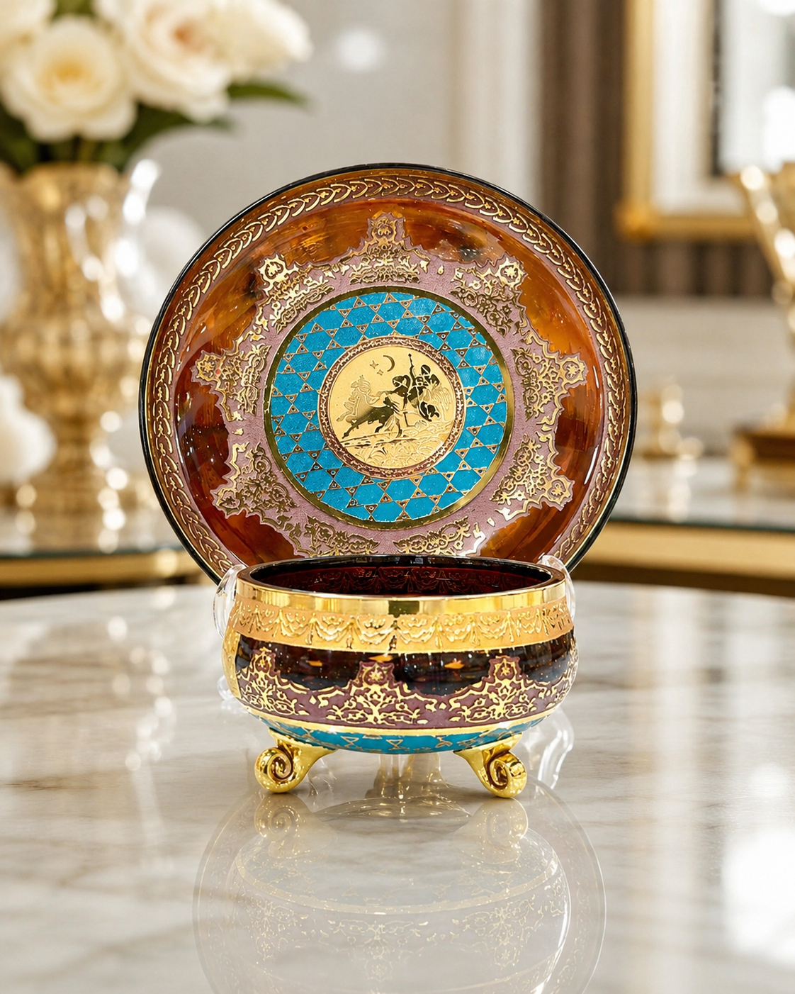 Amber Crystal-Style Bowl & Dessert Plate Set with Gold-Tone Jupiter Pattern