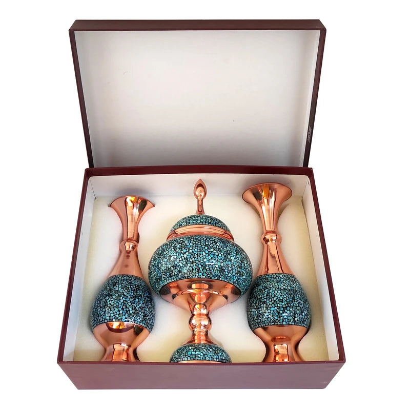 Set of three decorative vases with turquoise glittery bases and rose gold finishes in a box.